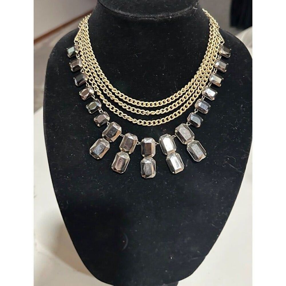 GOLD TONED with black diamonds layered chain s lm STATEMENT NECKLACE